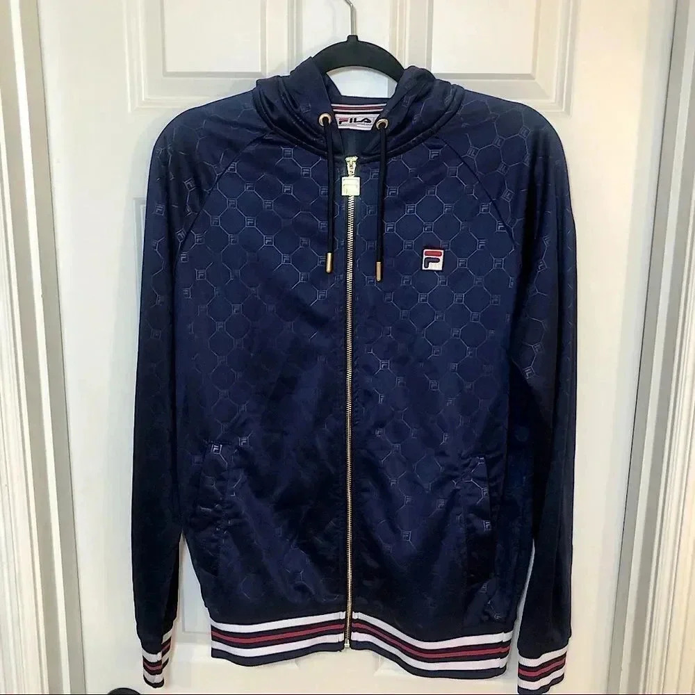 𝅺Fila navy blue zip down hoodie with a diamond pattern Y2K‎ size Small